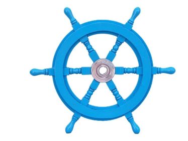 Deluxe Class Light Blue Wood and Chrome Decorative Ship Steering Wheel 18