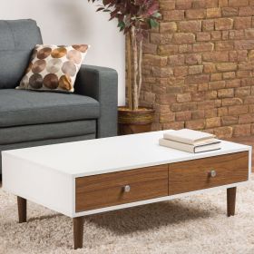 Modern Mid-Century Style White Wood Coffee Table with 2 Drawers