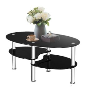 Modern Black Tempered Glass Coffee Table with Bottom Shelf