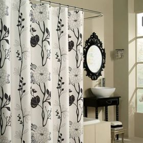 71-inch Boho Black and White Floral Flowers Polyester Fabric Shower Curtain