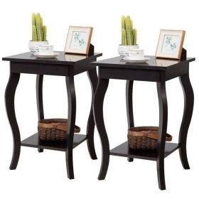 Modern Nightstand End Table with Bottom Shelf in Espresso Wood Finish - Set of 2