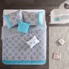 Full / Queen size 5-Piece Teal Blue Grey White Geometric Comforter Set