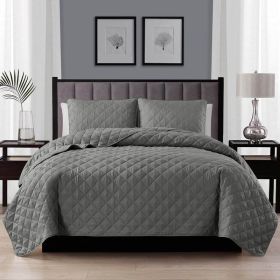 King/CAL King 3-Piece Dark Grey Polyester Microfiber Diamond Quilted Quilt Set