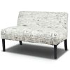 Modern Loveseat Sofa with Off-White Cursive Pattern Upholstery and Black Wood Legs