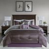 King Size 7 Piece Bed In A Bag Comforter Set Faux Silk Purple Gray Stripes