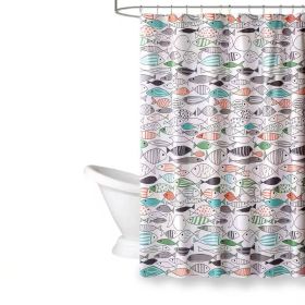 72-in. 100-Percent Cotton Shower Curtain with Teal Black Coral White Fish Print