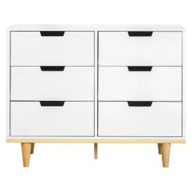 Modern Mid-Century Style 6-Drawer Double Dresser in White Natural Wood Finish