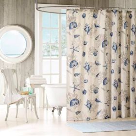 72-in Khaki Beige Cotton Shower Curtain Navy Blue Seashells Coral Coastal Beach