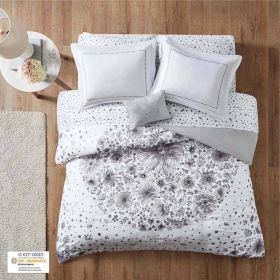 Queen size 8-piece White Grey Floral Pattern Microfiber Comforter Set