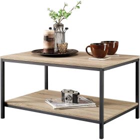 Modern Industrial 2-Tier Coffee Table in Rustic Light Oak Wood Finish