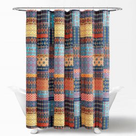 72-inch Navy Blue Orange Yellow Teal Boho Patchwork Polyester Shower Curtain