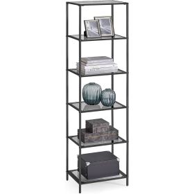 Narrow Glass Shelves Bookcase 5-Shelf Shelving Unit with Black Grey Metal Frame