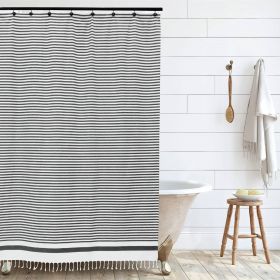 72-inch White Black Stripe Cotton Shower Curtain with Boho Farmhouse Tassels