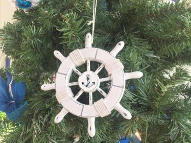 Rustic White Decorative Ship Wheel With Anchor Christmas Tree Ornament 6&quot;