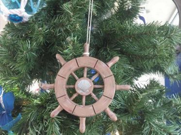 Rustic Wood Finish Decorative Ship Wheel With Seashell Christmas Tree Ornament  6