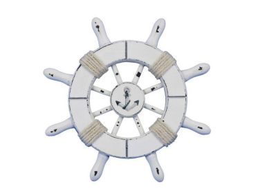 Rustic White Decorative Ship Wheel With Anchor 6