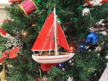 Wooden Red Sailboat Model with Red Sails Christmas Tree Ornament 9