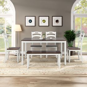 6 Piece Dining Table Set with Bench, Table Set with Waterproof Coat, Wooden Dining Table and Chairs, Ivory and Cherry