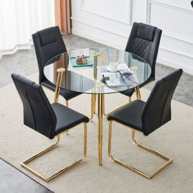 Table and chair set. Round dining table, glass tabletop with a diameter of 40 inches, and gold-plated metal legs