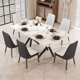 1 table and 6 chairs. A rectangular dining table with a white imitation marble tabletop and black metal legs. Paired with 6 chairs