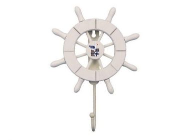 White Decorative Ship Wheel with Seagull and Hook 8&quot;