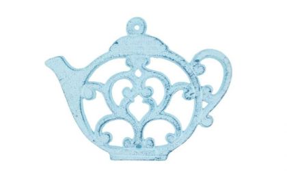 Rustic Dark Blue Whitewashed Cast Iron Round Teapot Trivet 8