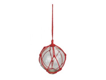 Clear Japanese Glass Ball Fishing Float with Red Netting Decoration 4