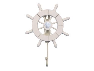 White Decorative Ship Wheel with Seashell and Hook 8&quot;