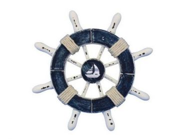 Rustic Dark Blue and White Decorative Ship Wheel With Sailboat 6&quot;