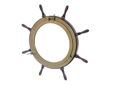 Deluxe Class Wood and Antique Brass Ship Wheel Porthole Mirror 36