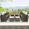 11-Piece Patio All-Weather PE Wicker Dining Table Set with Wood Tabletop for 10, Brown Rattan+Beige Cushion