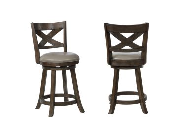 2Pc Beautiful Elegant Upholstered Low Swivel Chair Stool Faux Leather Upholstery Padded Back Kitchen Dining Rustic Gray