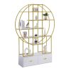 70.8 Inch Round Office Bookcase Bookshelf, Display Shelf, Two Drawers, Gold Frame