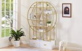 70.8 Inch Round Office Bookcase Bookshelf, Display Shelf, Two Drawers, Gold Frame