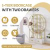 70.8 Inch Round Office Bookcase Bookshelf, Display Shelf, Two Drawers, Gold Frame