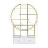 70.8 Inch Round Office Bookcase Bookshelf, Display Shelf, Two Drawers, Gold Frame