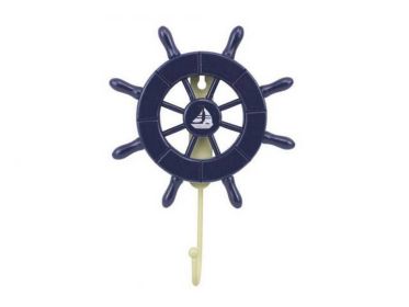 Dark Blue Decorative Ship Wheel with Sailboat and Hook 8