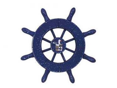 Rustic Dark Blue Decorative Ship Wheel With Seagull 6&quot;