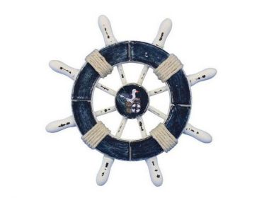 Rustic Dark Blue and White Decorative Ship Wheel With Seagull 6&quot;