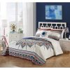 4 Piece Cotton Blue White Boho Geometric Reversible Quilt Set