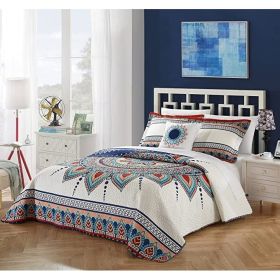 4 Piece Cotton Blue White Boho Geometric Reversible Quilt Set (size: King)