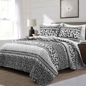 Animal Print Zebra Leopard Black White Lightweight Reversible Quilt Set (size: King)