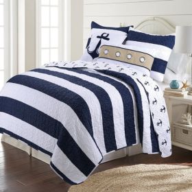 2 Piece Nautical Stripped/Anchors Reversible Microfiber Quilt Set Navy (size: Twin)