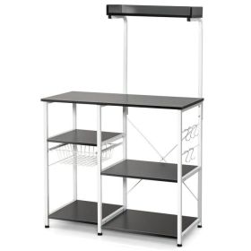 4-tier Kitchen Baker's Rack with Basket and 5 Hooks (Color: Black)