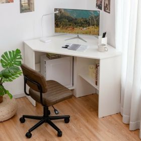 Corner Computer Desk Triangle Writing Workstation with Storage Shelf (Color: White)