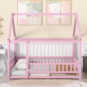 Full Size Floor Wooden Bed with House Roof Frame, Fence Guardrails (Color: Pink)