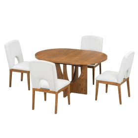 Modern 5-Piece Extendable Round Dining Table Set with 16.2inch Removable Leaf for Small Places (Color: Walnut, Material: Rubber Wood)