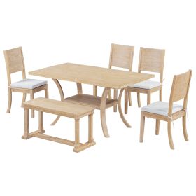 6-Piece Wood Dining Table Set with Storage Shelf and Curved Legs, Kitchen Table Set with Bench and 4 Removable Cushions Dining Chairs (Color: Beige+Natural, Material: Rubber Wood)