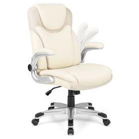 Ergonomic Office PU Leather Executive Chair with Flip-up Armrests and Rocking Function (Color: White)