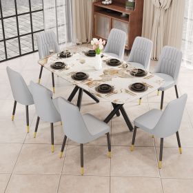 1 table and 8 chairs set.A rectangular dining table with a 0.39-inch imitation marble tabletop and black metal legs.Paired with 8 chairs with PU leath (Color: as Pic)